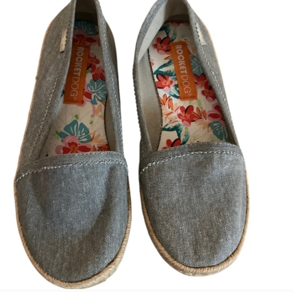 Rocket Dog Shoes Womens Size 6.5 Denim Espadrille Flats Slide On Blue Tan White